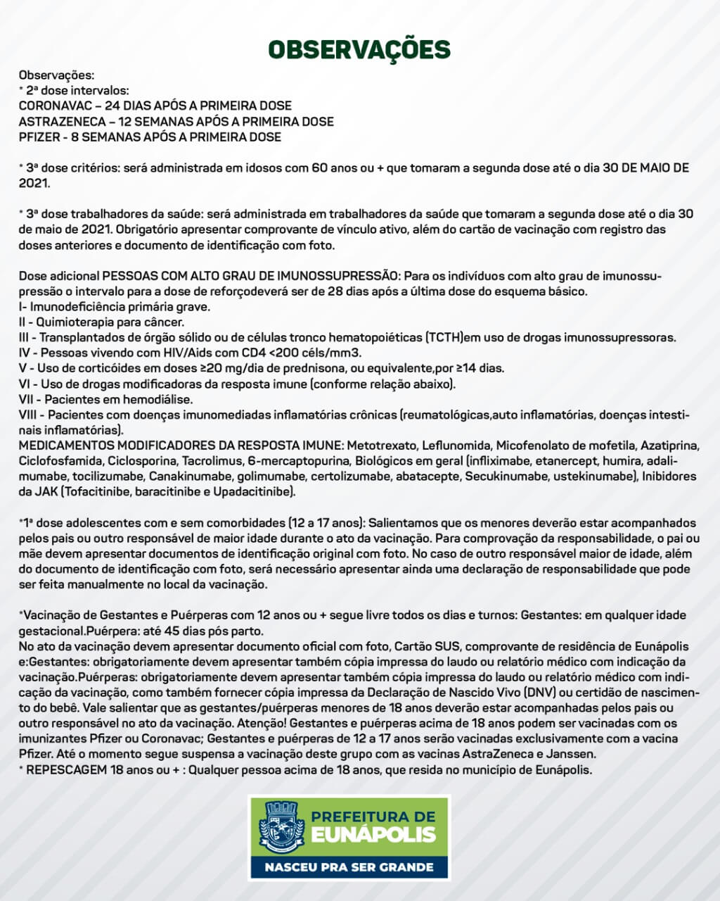 EUNÁPOLIS: CALENDÁRIO SEMANAL DE VACINAÇÃO COVID-19 | DE 16 A 19/11] 6