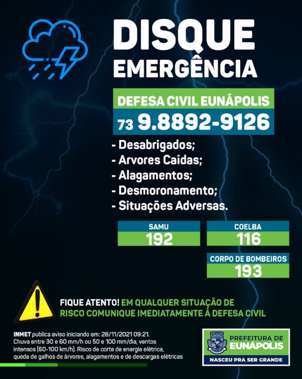 Prefeitura de Eunápolis disponibiliza contato da Defesa Civil para população afetada com o temporal 7