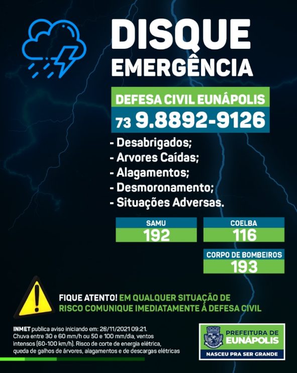 Prefeitura de Eunápolis disponibiliza contato da Defesa Civil para população afetada com o temporal 12