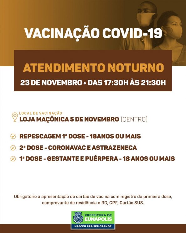 Eunápolis tem horário de vacinação contra a Covid-19 estendido para período noturno nesta terça-feira 6