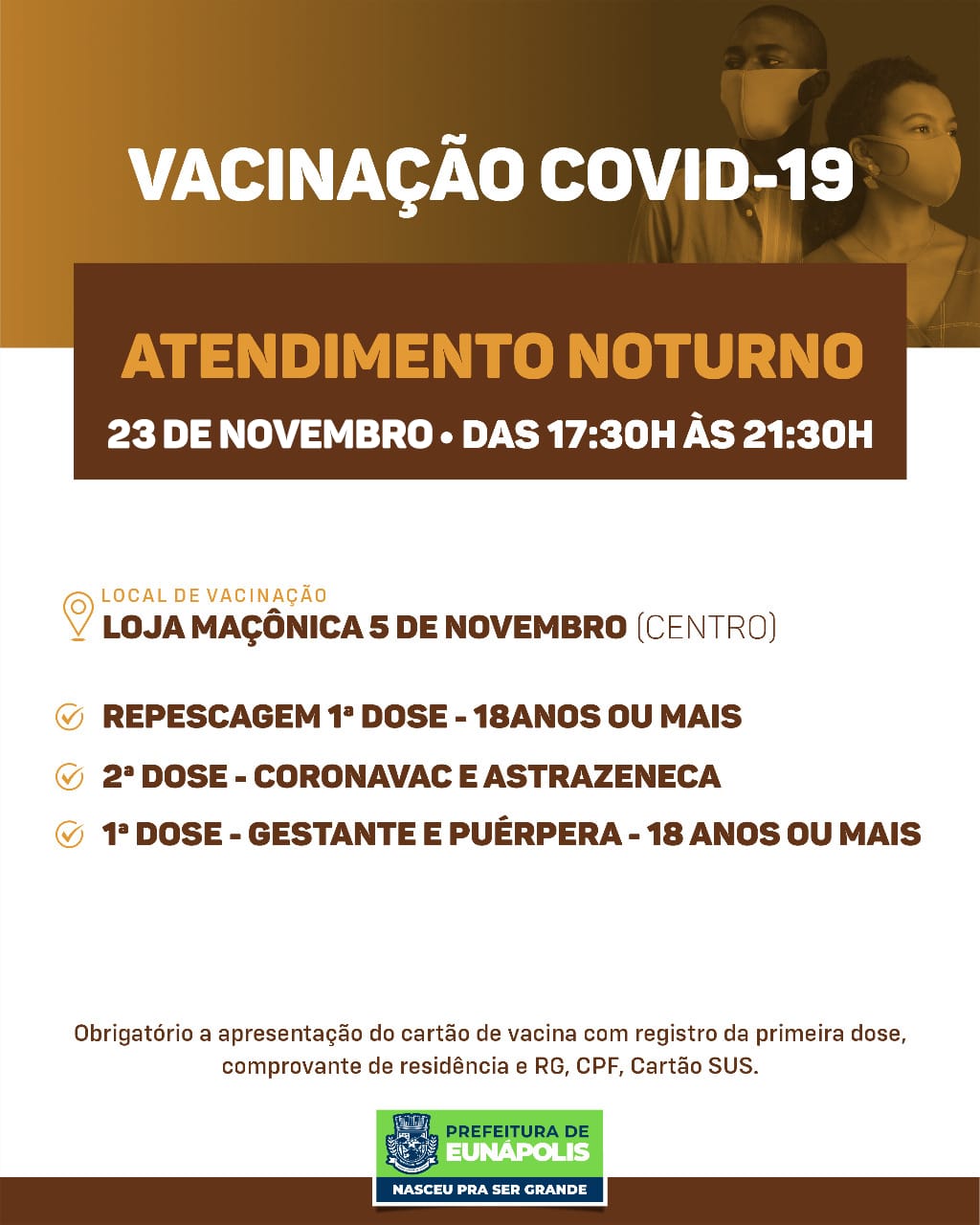 Eunápolis tem horário de vacinação contra a Covid-19 estendido para período noturno nesta terça-feira 5