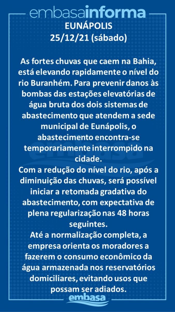 Eunápolis ficará provisoriamente sem abastecimento de água potável 7