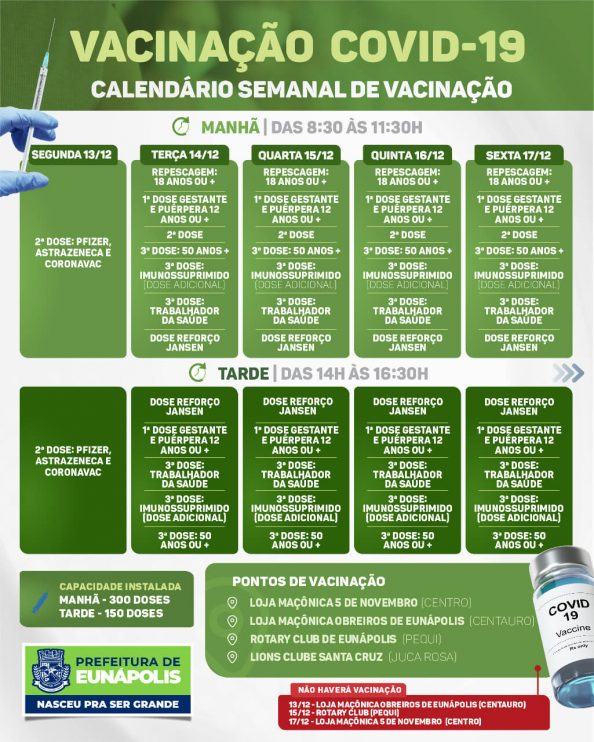 EUNÁPOLIS: CALENDÁRIO SEMANAL DE VACINAÇÃO COVID-19 | DE 13/12 A 17/12 4
