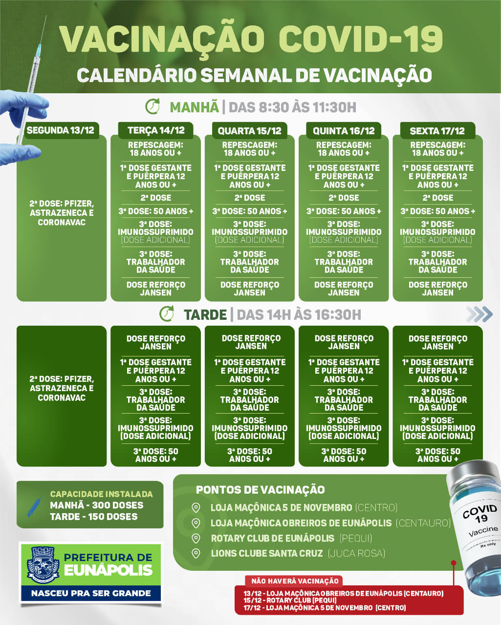 EUNÁPOLIS: CALENDÁRIO SEMANAL DE VACINAÇÃO COVID-19 | DE 13/12 A 17/12 27