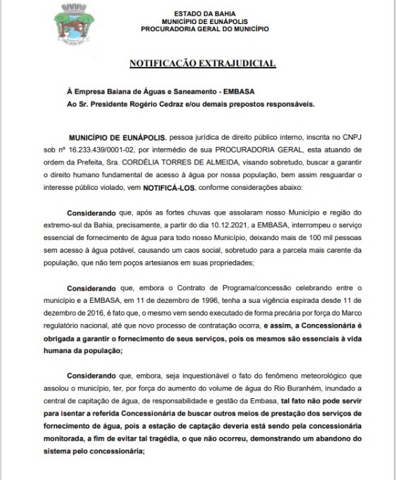 Município de Eunápolis notifica EMBASA para apresentação de plano de medidas para abastecimento de água 6