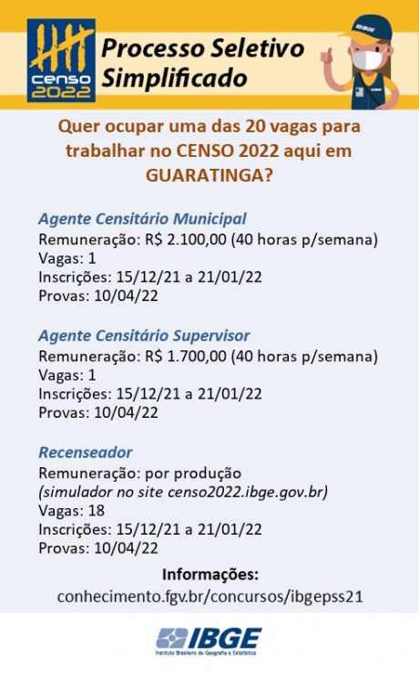 IBGE prorroga até 21/01/2022 as inscrições para concorrer a uma das 20 vagas de trabalho temporário no Censo 2022 em Guaratinga 4