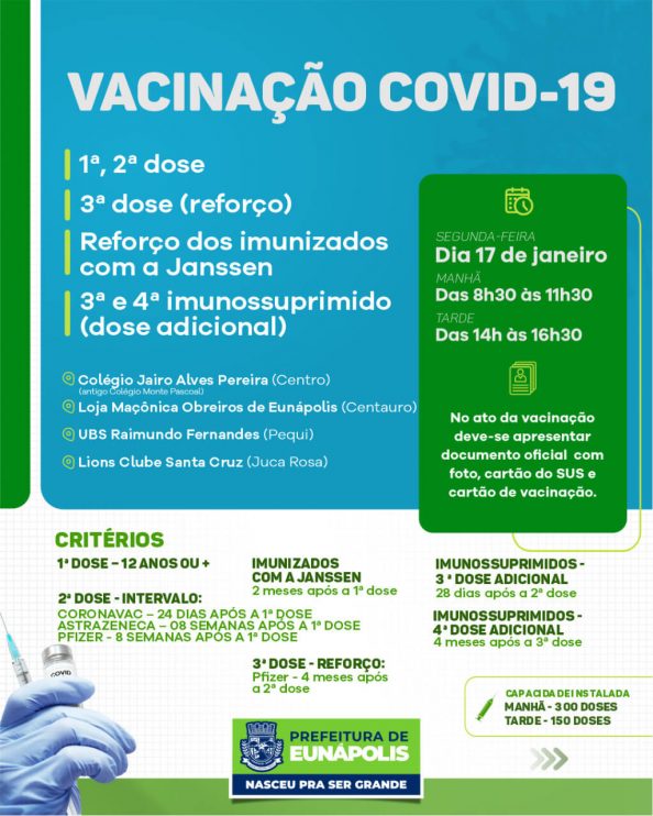 Confira calendário desta Segunda-Feira 17/01/22 de vacinação contra a Covid-19 em Eunápolis 7