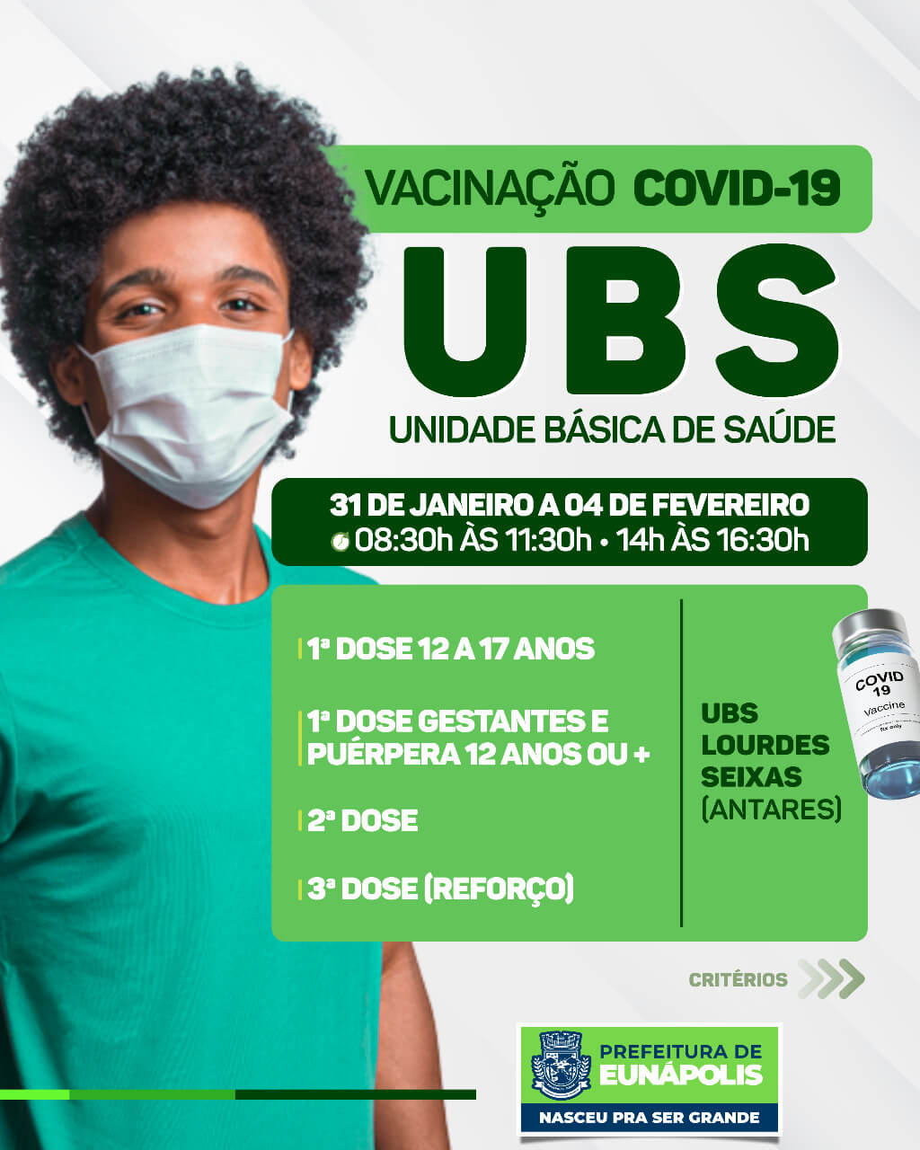 Eunápolis: Calendário semanal de vacinação Covid-19, de 31/01/22 a 04/02/22 6