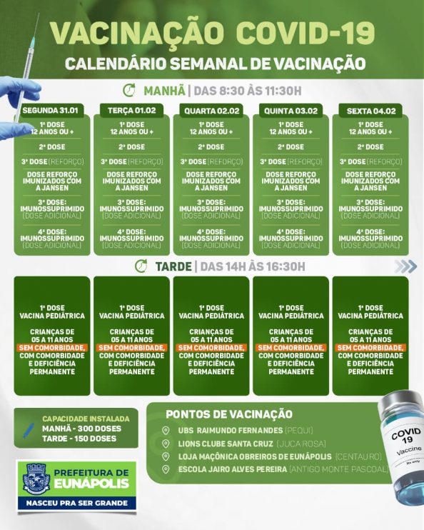 Eunápolis: Calendário semanal de vacinação Covid-19, de 31/01/22 a 04/02/22 4