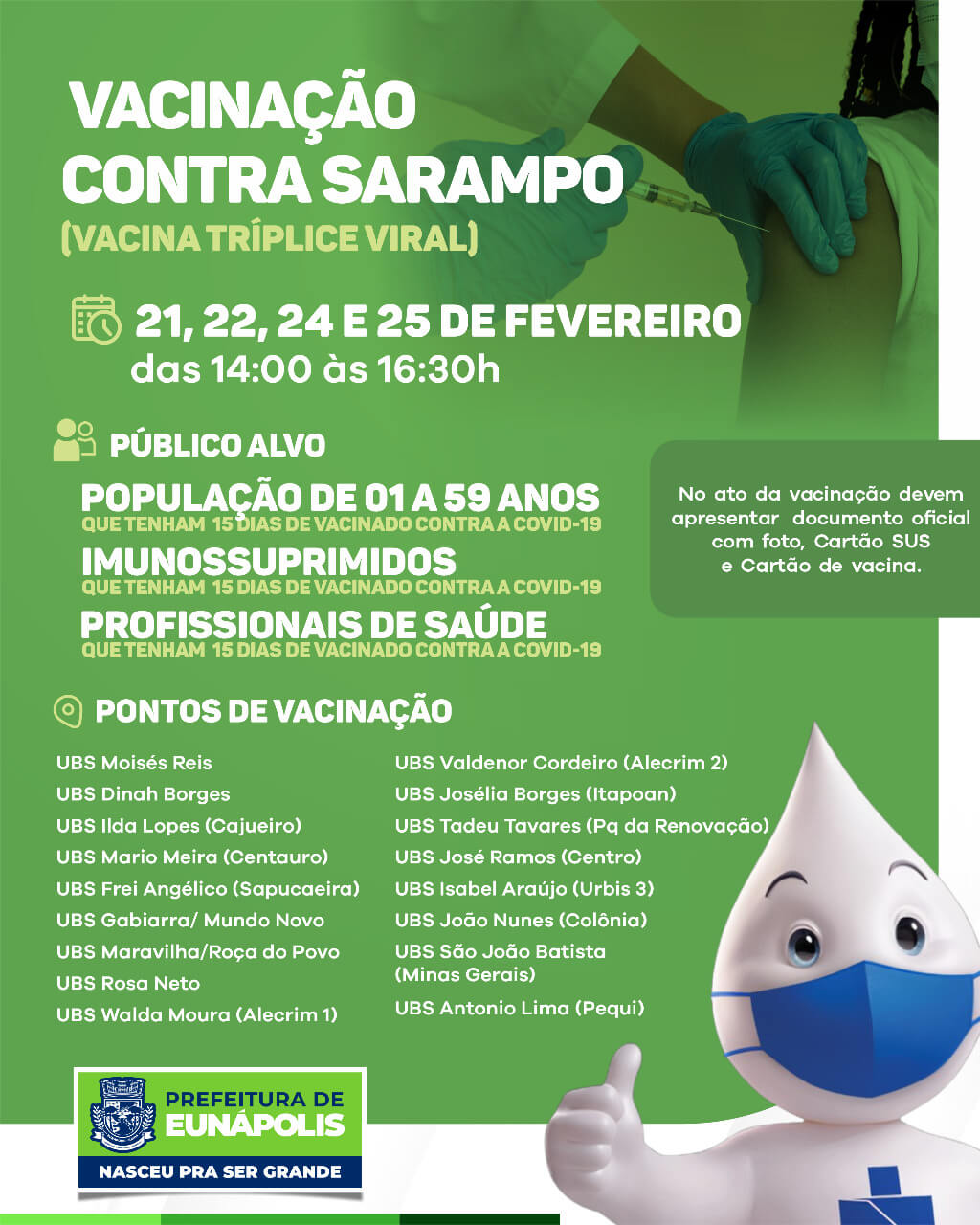 Prefeitura de Eunápolis realiza campanha de vacinação contra o sarampo nesta semana 20