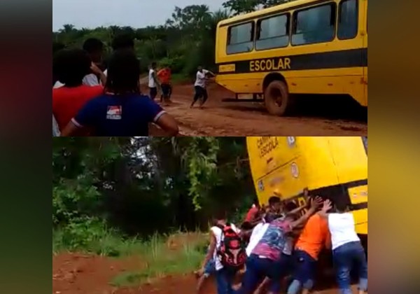 Estudantes empurram ônibus escolar para retirar veículo atolado em estrada de barro; veja vídeo 10