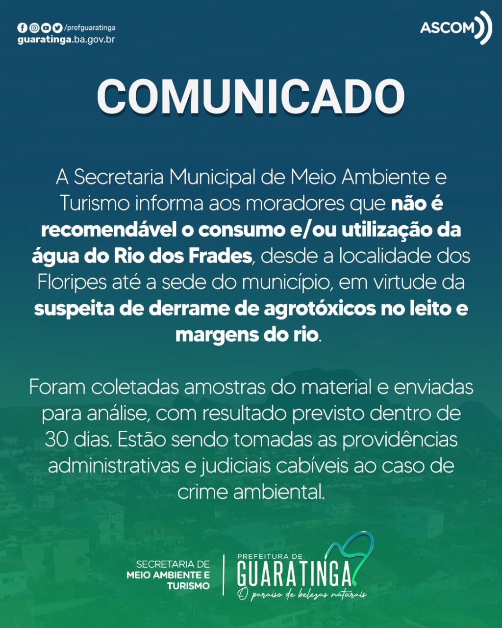 Secretaria de Meio Ambiente de Guaratinga faz alerta sobre suspeita de contaminação de agrotóxicos no Rio dos Frades 4