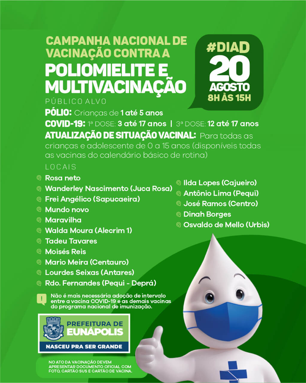 Saúde promove dia de intensificação de vacinas contra pólio, Covid e multivacinação neste sábado 4