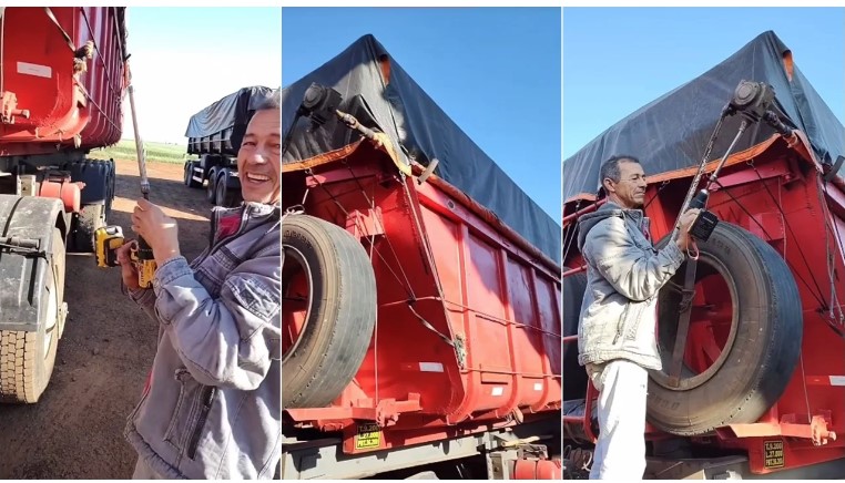 Caminhoneiro cria gambiarra para facilitar a retirada de lona da carreta 2