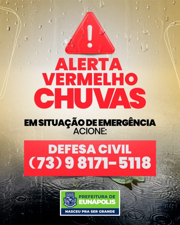 Defesa Civil de Eunápolis alerta para previsão de fortes chuvas nesta sexta-feira 4