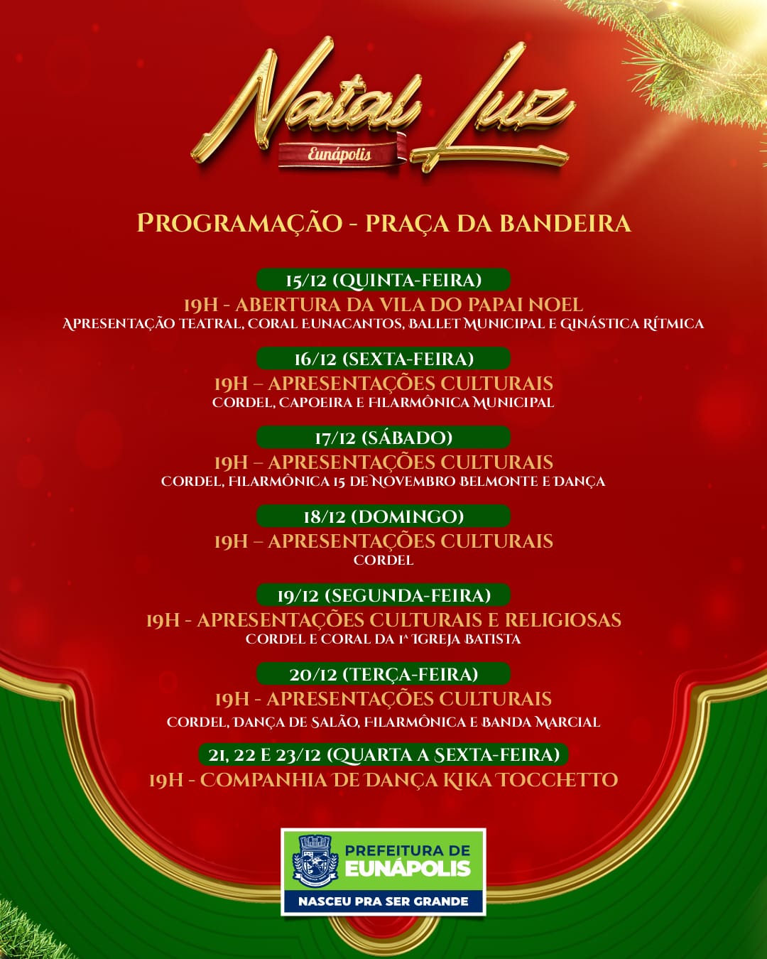 Prefeitura de Eunápolis divulga programação do Natal Luz; abertura acontece nesta quinta 6