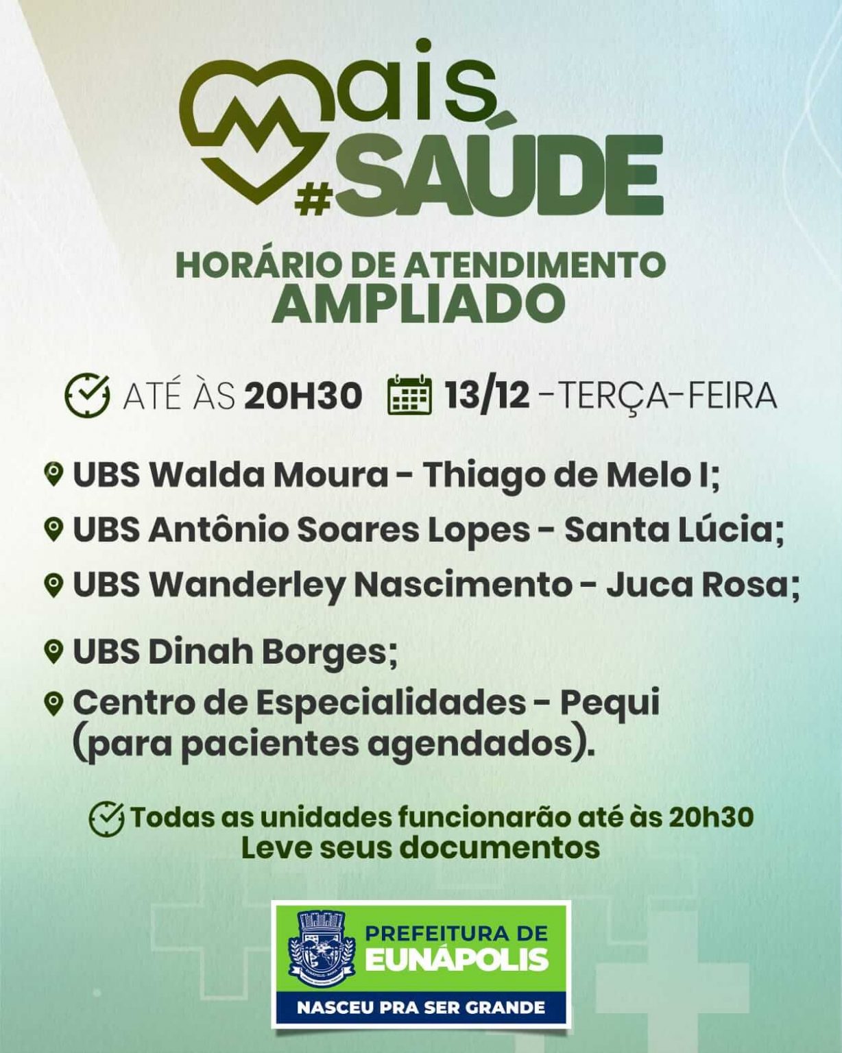 Prefeitura de Eunápolis realiza atendimento noturno de cinco UBSs nesta terça-feira Prefeitura de Eunápolis realiza atendimento noturno de cinco UBSs nesta terça-feira 9