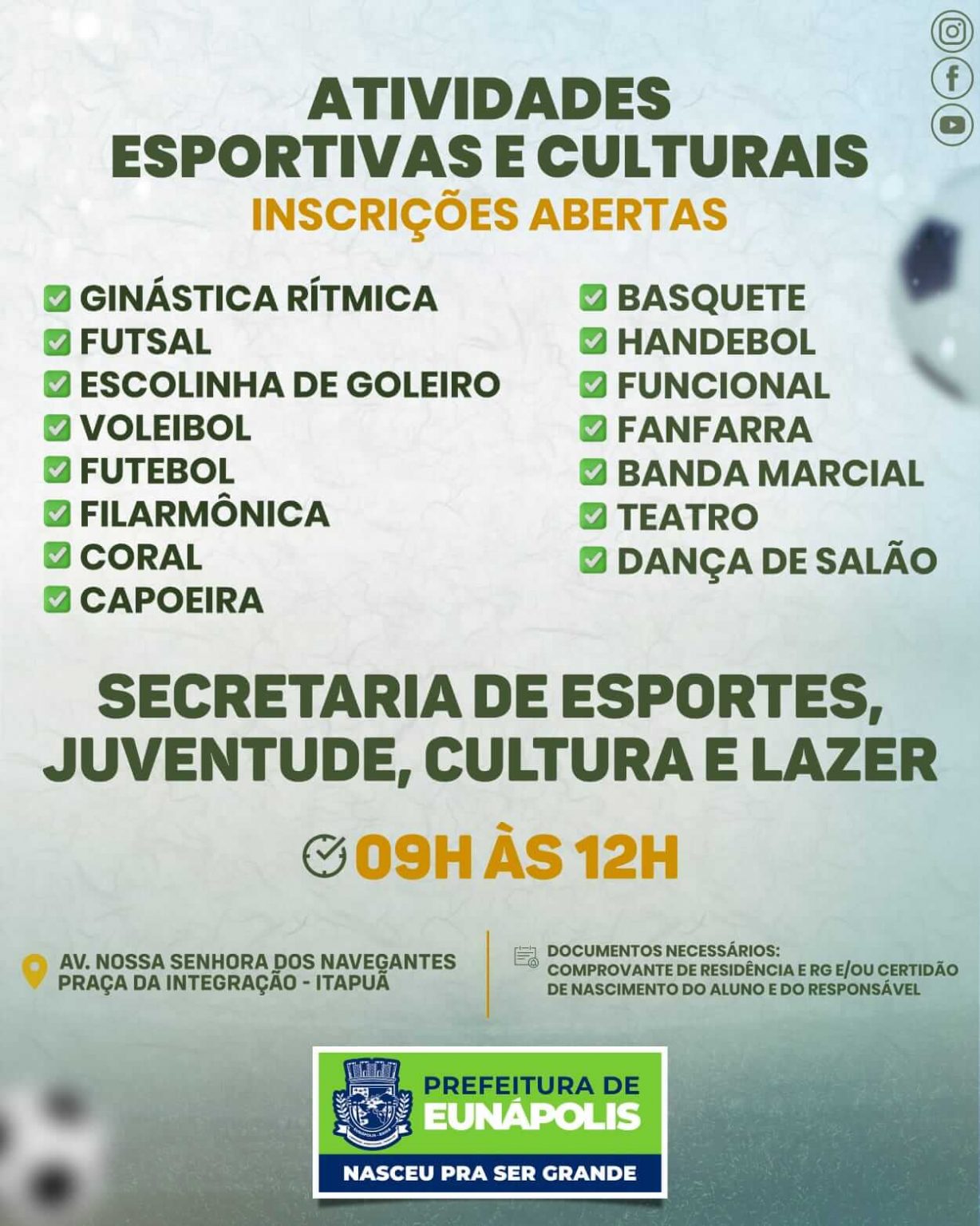 Prefeitura de Eunápolis abre inscrições para diversas modalidades esportivas e oficinas culturais 10