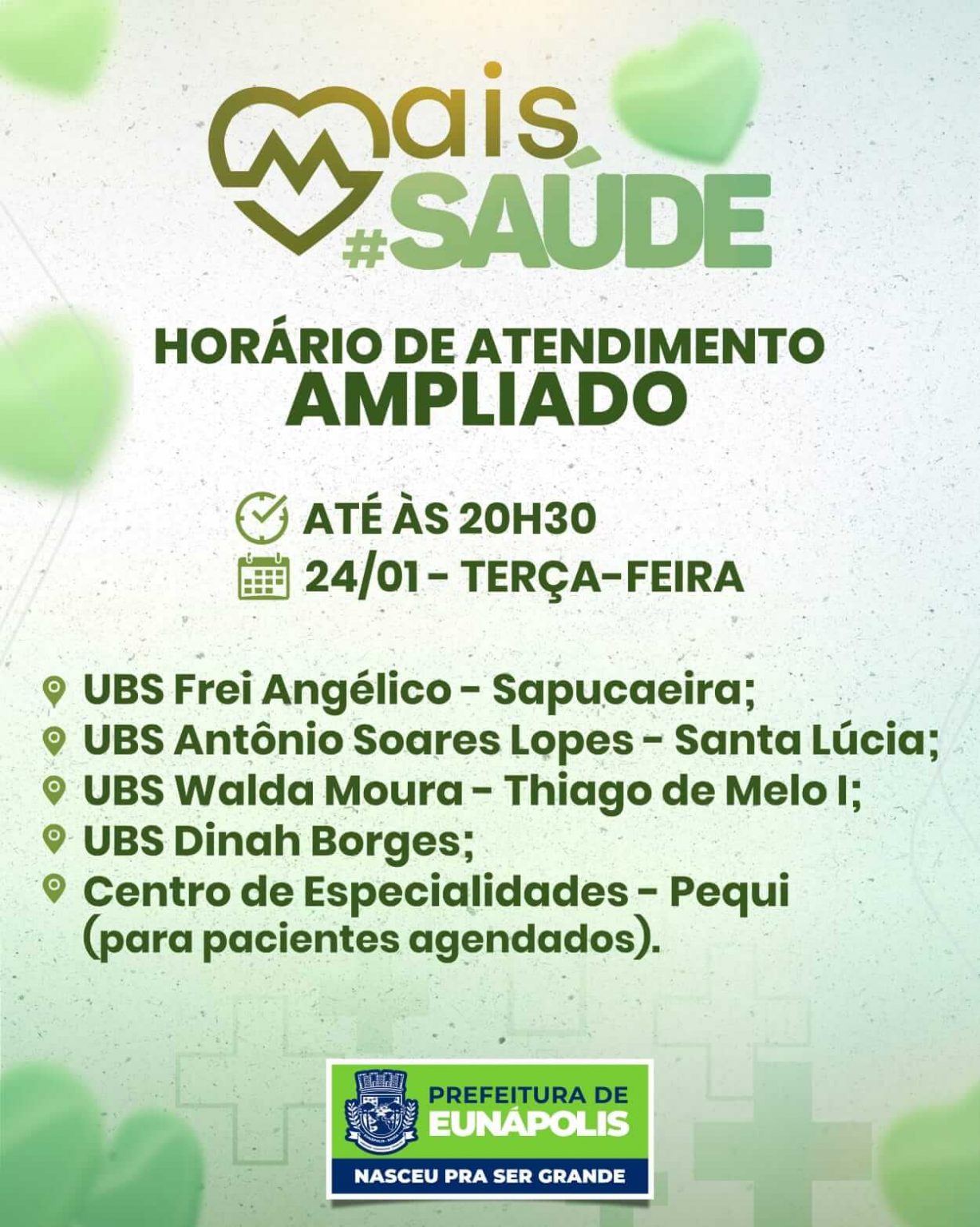Prefeitura de Eunápolis realiza atendimento noturno em unidades de saúde nesta terça Prefeitura de Eunápolis realiza atendimento noturno em unidades de saúde nesta terça 7