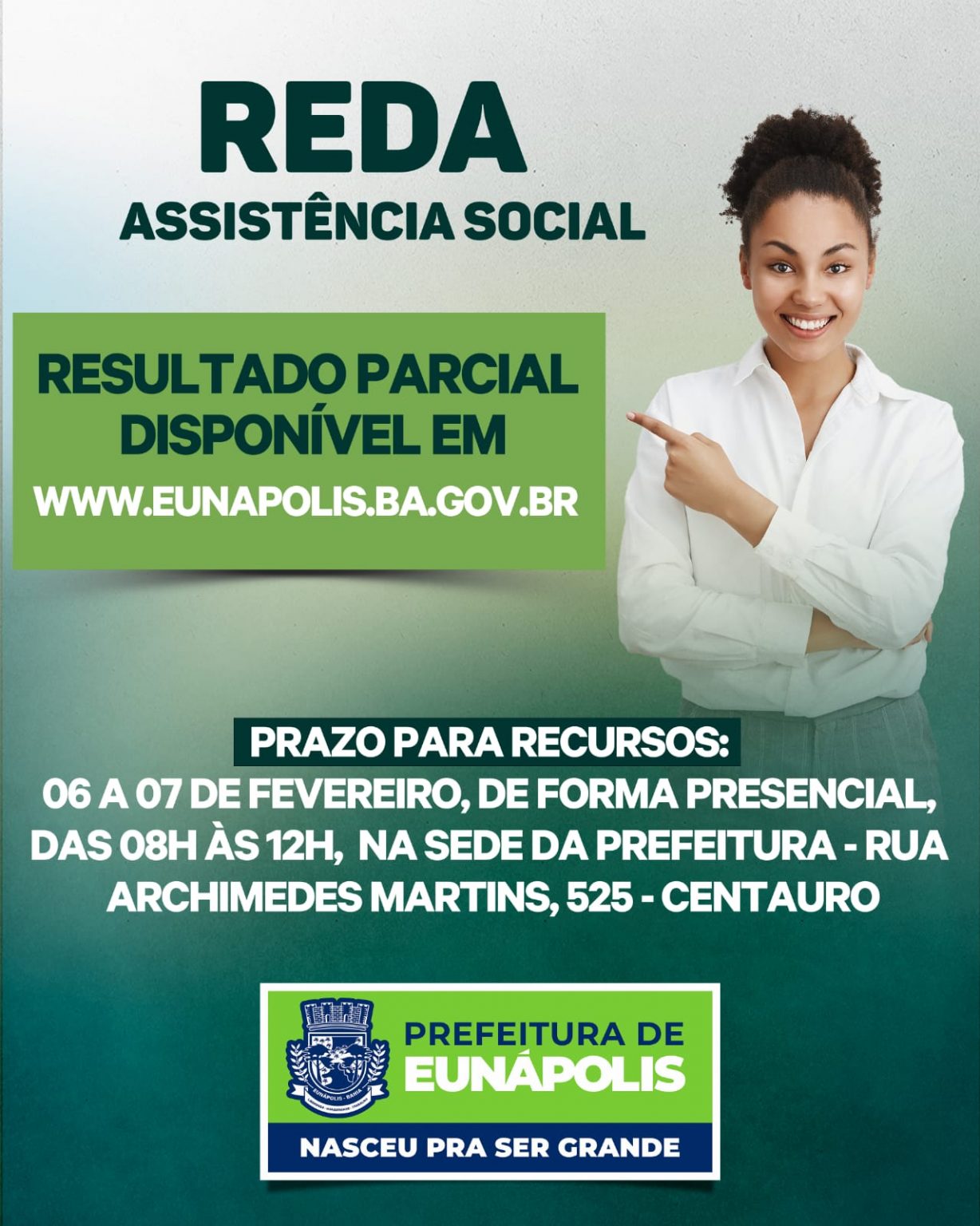 Prefeitura de Eunápolis divulga resultado parcial do processo REDA da Assistência Social Prefeitura de Eunápolis divulga resultado parcial do processo REDA da Assistência Social 7
