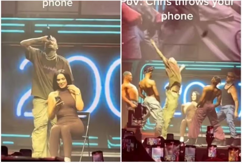 Chris Brown convida fã para o palco e joga o celular dela plateia; veja vídeo 1
