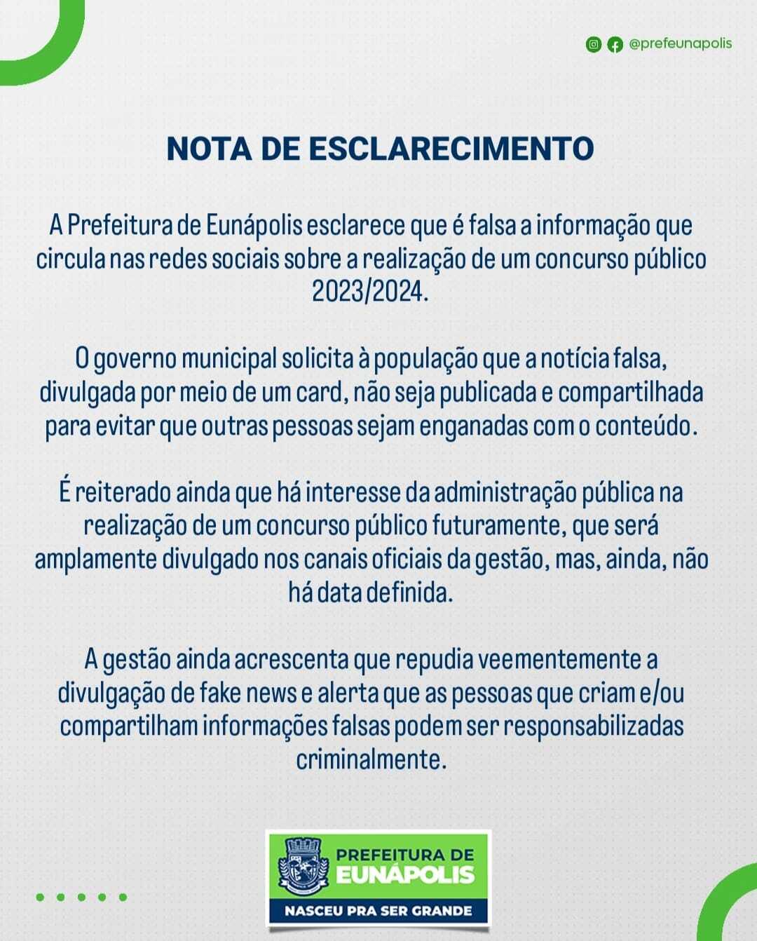 Eunápolis: Nota de esclarecimento - falsa notícia sobre concurso 6