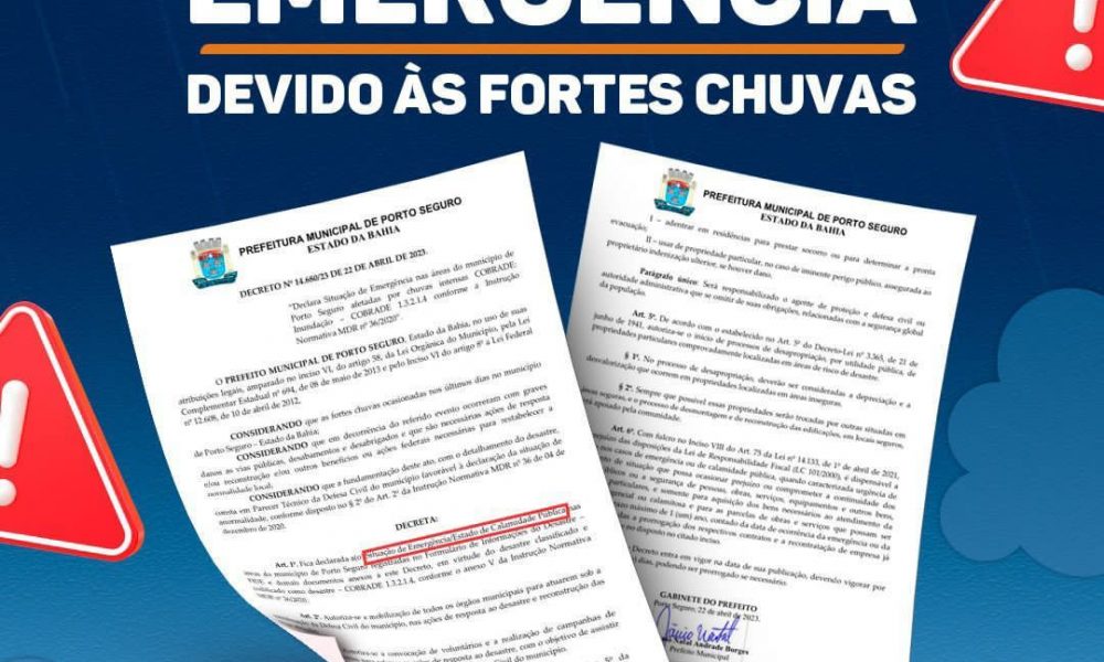 DECLARADA SITUAÇÃO DE EMERGÊNCIA DEVIDO ÀS FORTES CHUVAS EM PORTO SEGURO