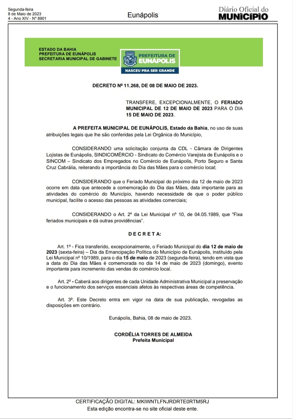 Prefeita Cordélia Torres atende apelo do comércio e transfere o feriado para 15 de maio 27
