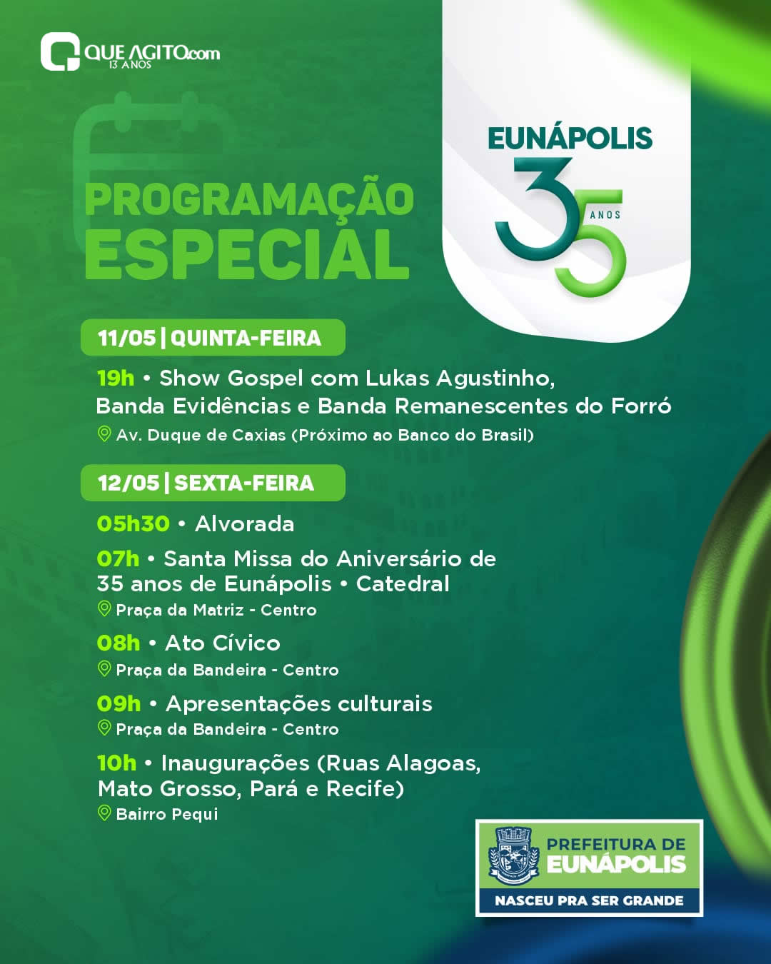 Prefeitura de Eunápolis divulga programação completa do aniversário da cidade 20