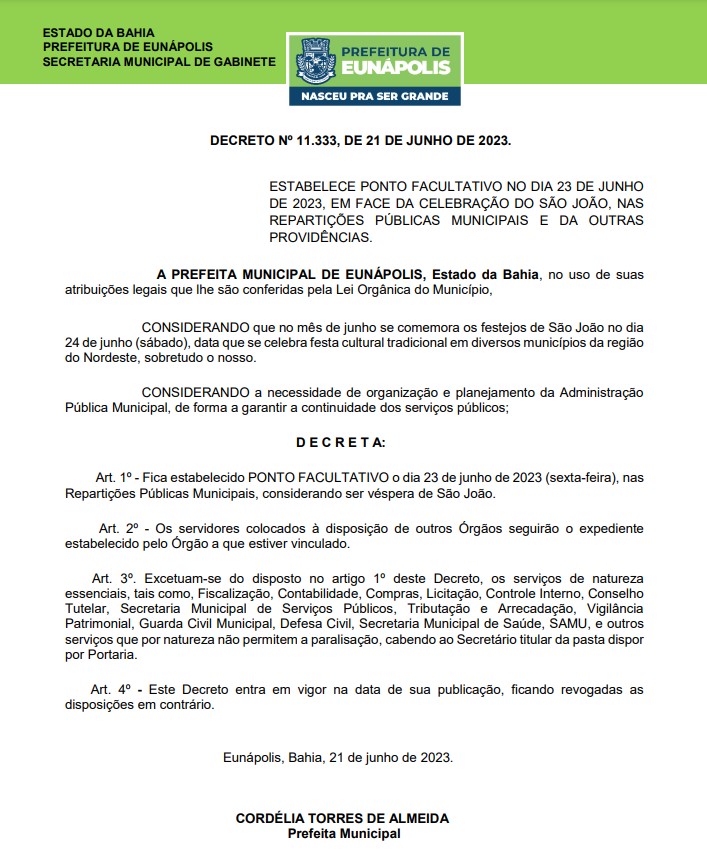 Devido à celebração do São João, Prefeitura de Eunápolis decreta ponto facultativo nesta sexta-feira 6