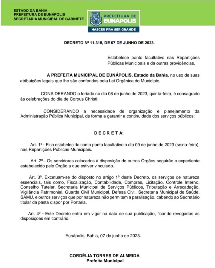 Prefeitura de Eunápolis decreta ponto facultativo nesta sexta-feira devido ao feriado de Corpus Christi 6