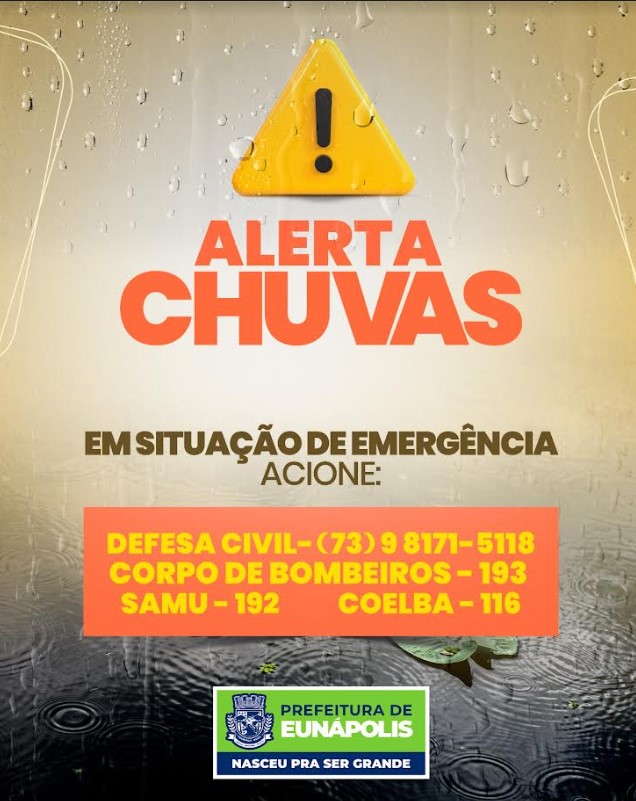 Eunápolis: Defesa Civil emite alerta sobre previsão de chuvas até quarta-feira 11