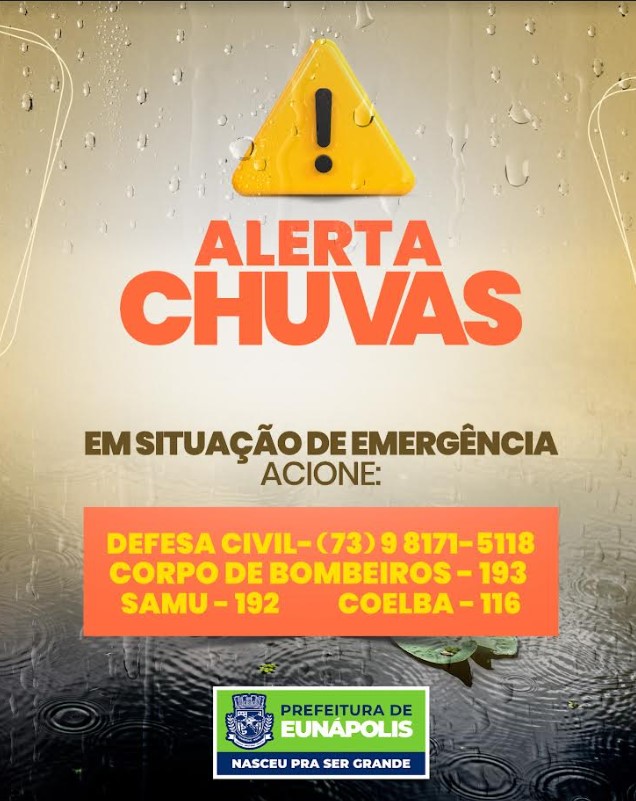 Eunápolis: Defesa Civil emite alerta sobre previsão de chuvas até quarta-feira 6