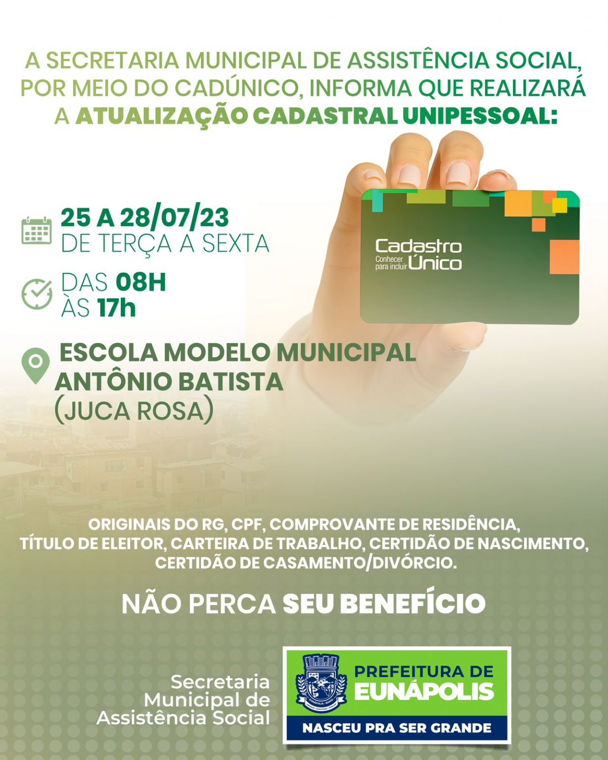Prefeitura de Eunápolis realiza atualização cadastral unipessoal no Juca Rosa nesta semana 11