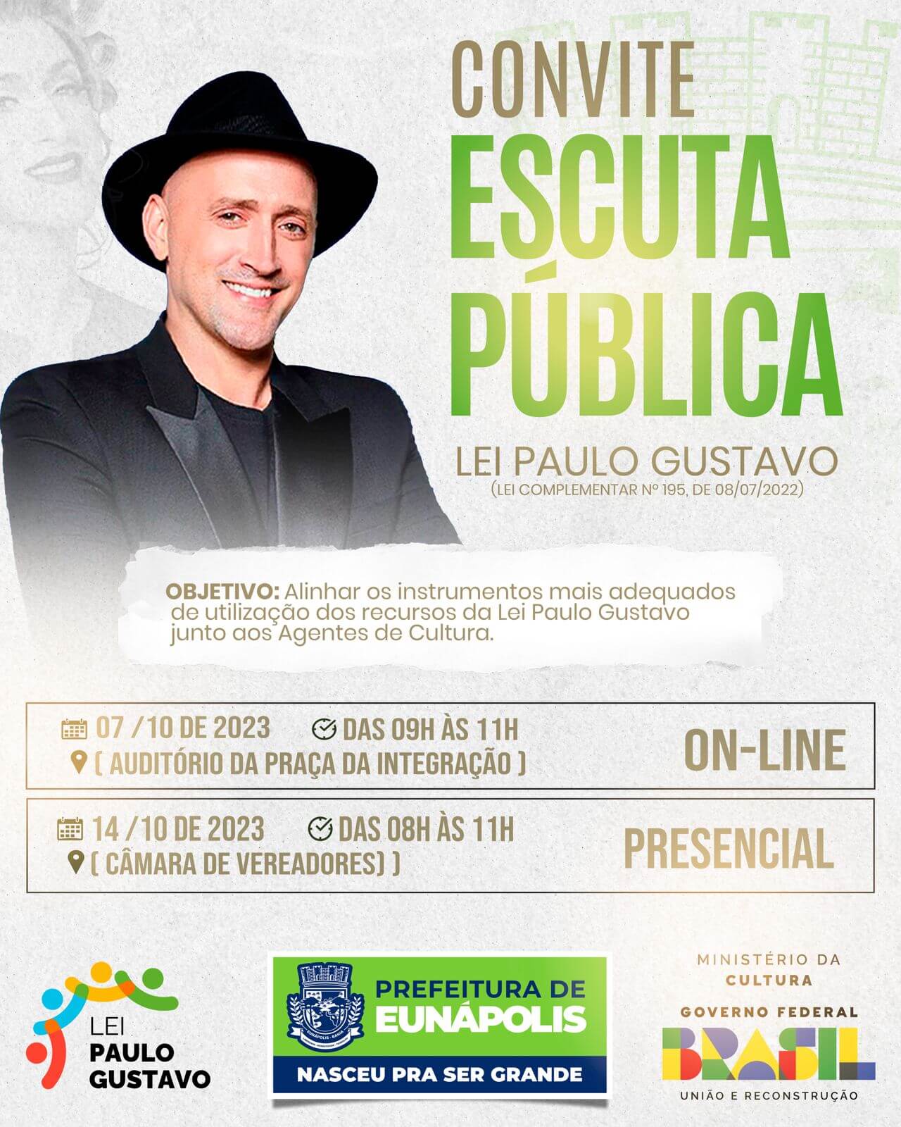 Prefeitura de Eunápolis convida profissionais da cultura para escuta pública sobre a Lei Paulo Gustavo 5