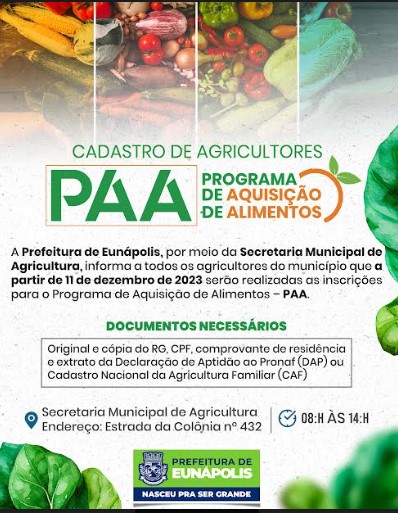 Prefeitura de Eunápolis abre inscrições para o Programa de Aquisição de Alimentos na segunda-feira 8
