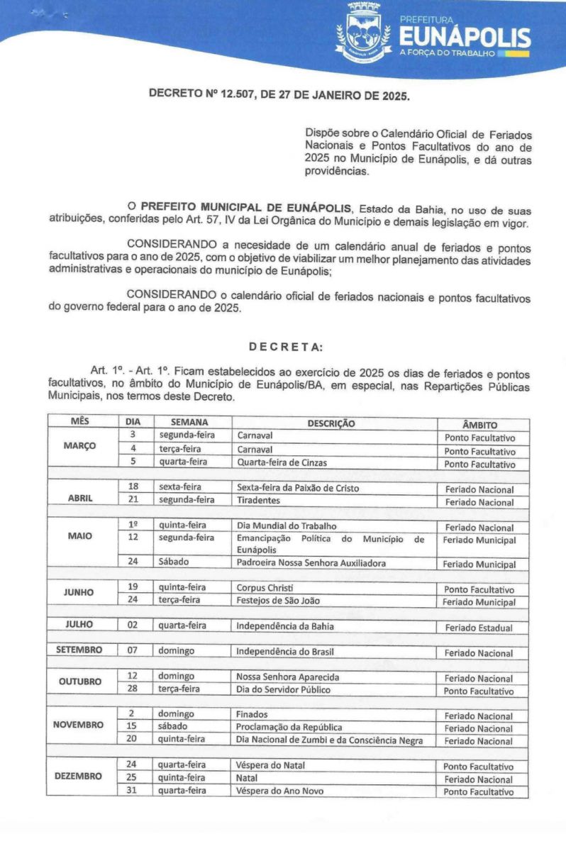 Prefeitura de Eunápolis decreta ponto facultativo de Carnaval nos dias 3, 4 e 5 de março 63