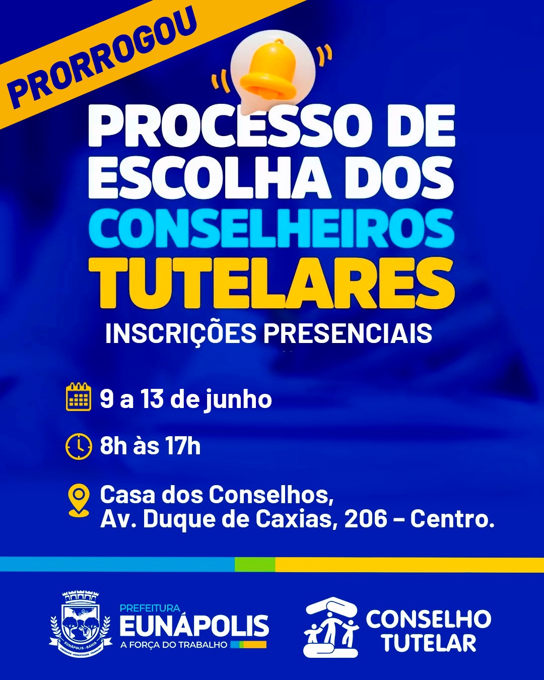 Foi prorrogada até sexta-feira (13) as inscrições para a eleição do Conselho Tutelar de Eunápolis 4