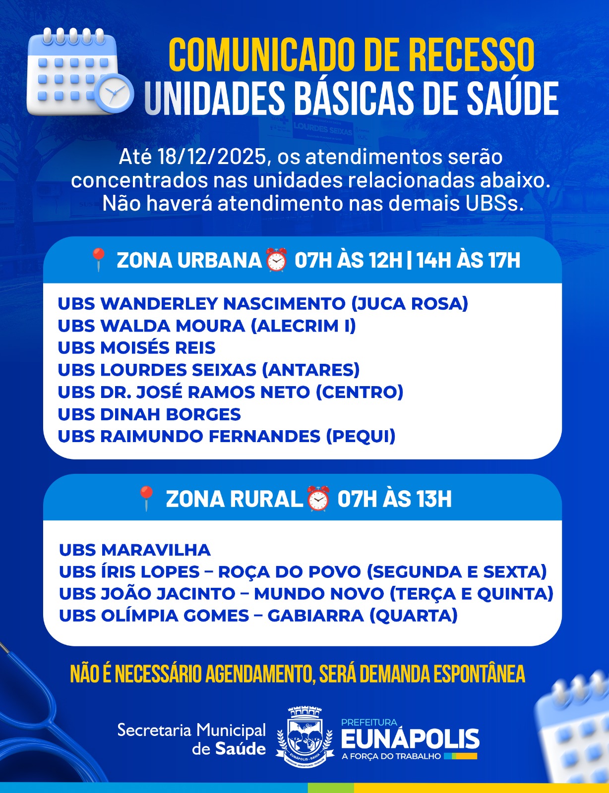 Saúde divulga cronograma especial das UBS e informa recesso dos serviços de Saúde Mental em Eunápolis 5