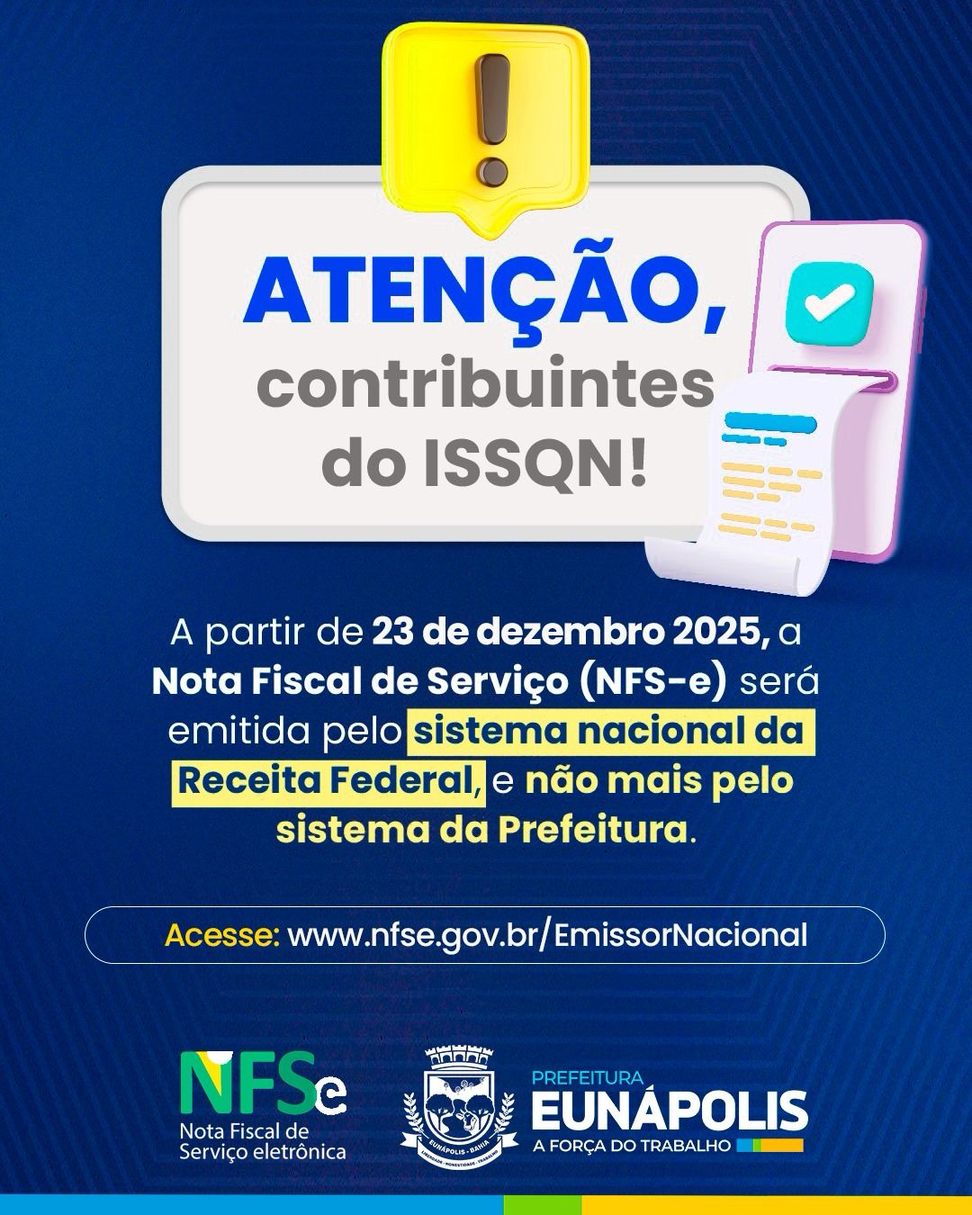 Prefeitura de Eunápolis anuncia migração da NFS-e para o sistema nacional 4