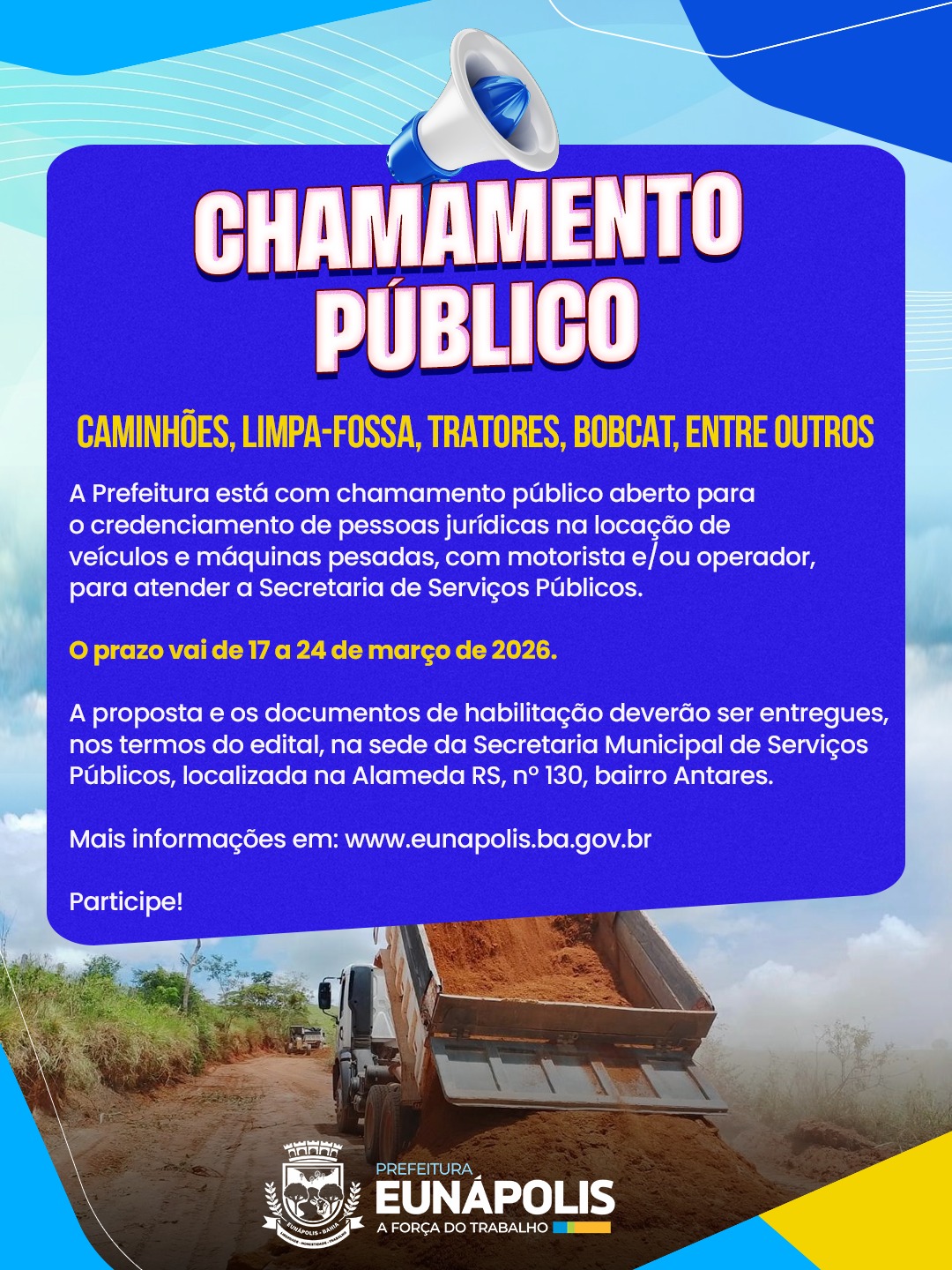 Prefeitura de Eunápolis abre credenciamento para locação de máquinas e veículos pesados 4