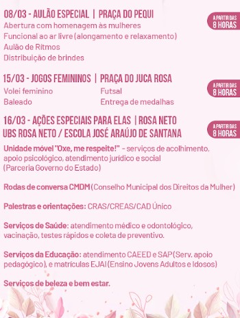 Mês da Mulher: Prefeitura divulga programação especial. Abertura acontece neste domingo, na Praça do Pequi, às 8h 5