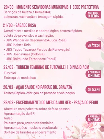 Mês da Mulher: Prefeitura divulga programação especial. Abertura acontece neste domingo, na Praça do Pequi, às 8h 6