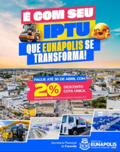 Eunápolis: IPTU 2026 já disponível com 20% de desconto na cota única até 30 de abril 1