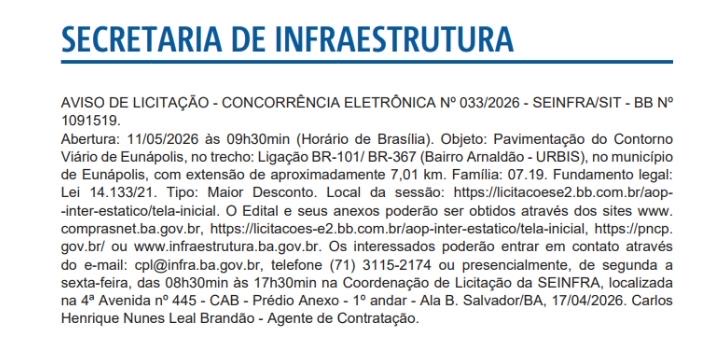 Governo do Estado publica licitação para obra do anel viário que ligará a Urbis I ao Arnaldão, em Eunápolis 5