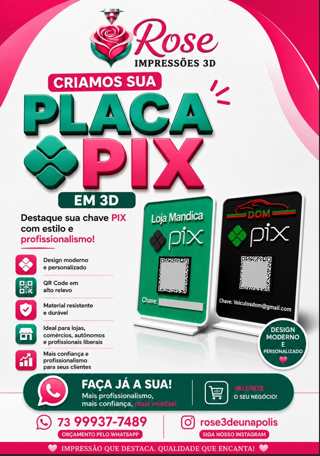 Rose Impressões 3D criação de placas Pix personalizadas que destacam negócios com estilo e profissionalismo 4