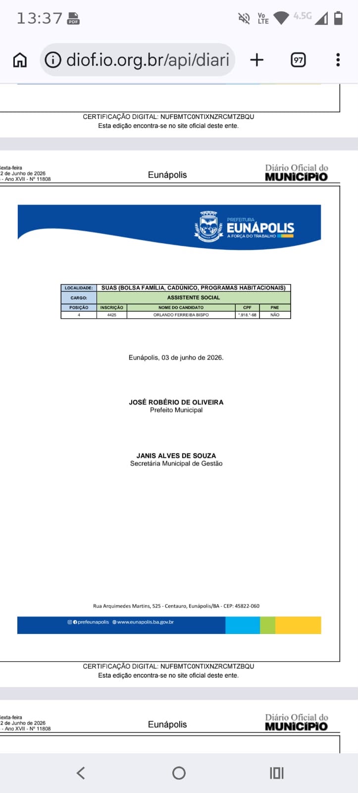 Prefeitura de Eunápolis realiza nova convocação do Seletivo nº003/2025 da Assistência Social 6