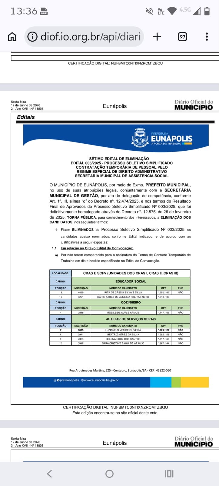 Prefeitura de Eunápolis realiza nova convocação do Seletivo nº003/2025 da Assistência Social 5