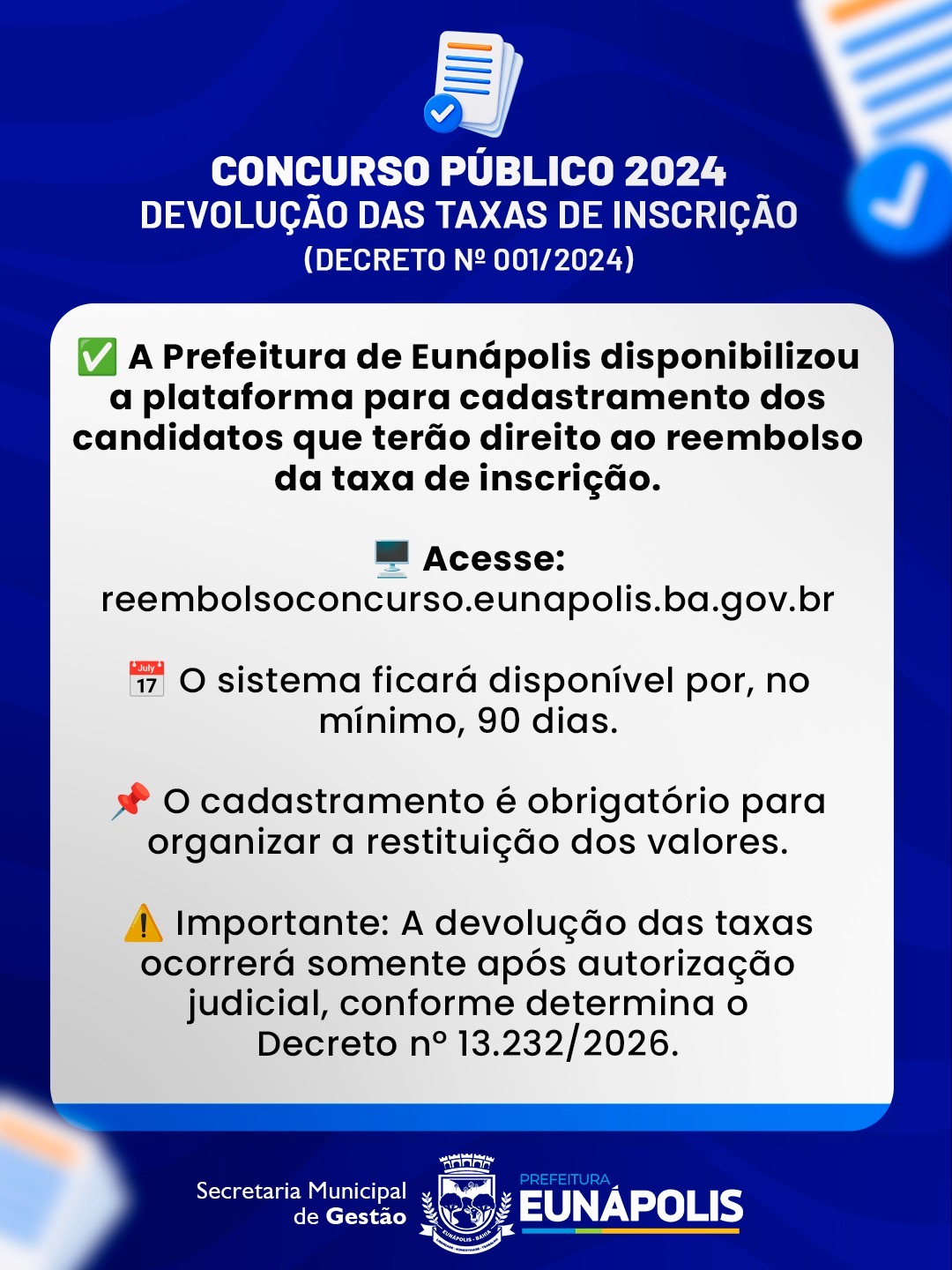 Prefeitura de Eunápolis garante devolução das taxas de inscrição do Concurso Público nº 001/2024 4
