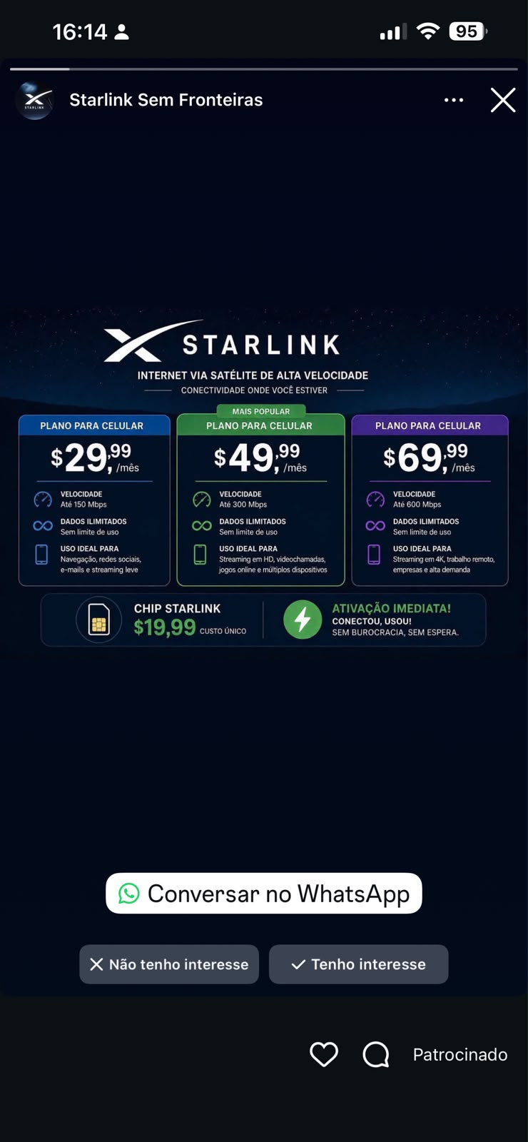 Anúncio promete “chip Starlink” por R$ 19,99, mas oferta não aparece nos canais oficiais 5